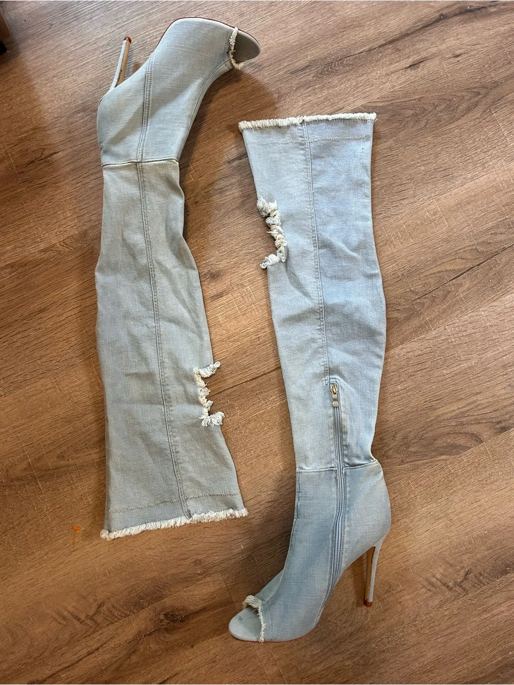 Womens Thigh-High Over-the-Knee Denim Distressed Stiletto Boots Light Wash 11